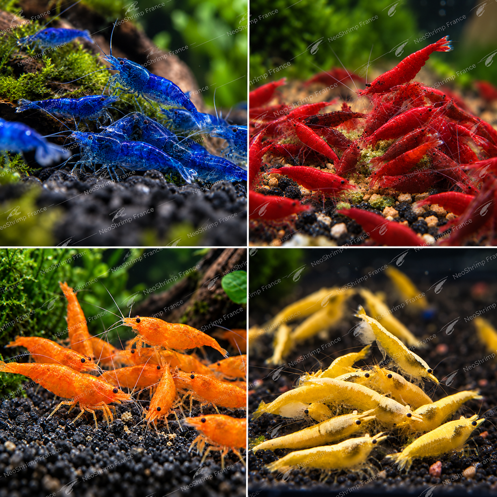 Pack Skittles – 24 Neocaridina – 4 couleurs (6 de chaque)
